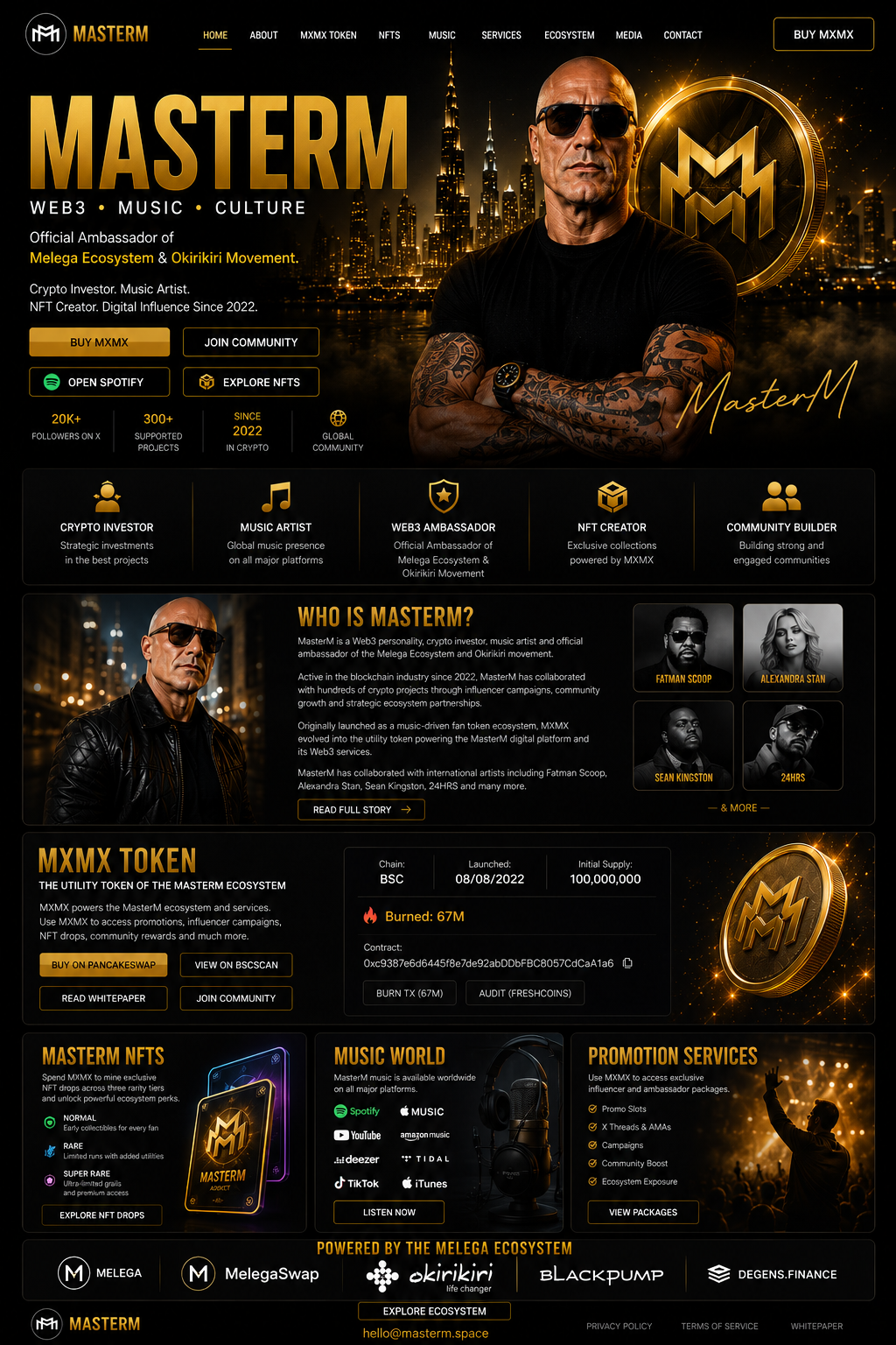 MasterM Web3 Music Culture landing page with MXMX token, NFTs, music, promotion services and Melega Ecosystem links.